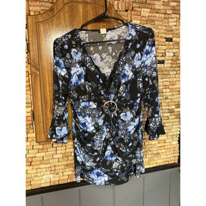 Vintage Y2K Cocomo 3/4 Ruffle Sleeve Lace Vneck Floral Ruched Blouse L Whimsy